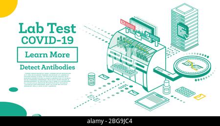 Isometric Covid-19 Testing System. Vector Illustration. Antibody Lab Test. Outline Concept. Stock Vector