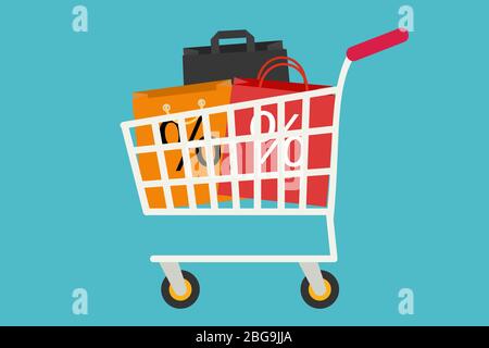 Shopping cart with bags for clothing or other product inside isolated on blue background. Trade and discount on goods concept. Flat style vector Stock Vector