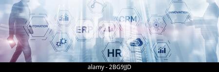 Erp Crm Hr Innovation inscriptions and icons on business background. Stock Photo