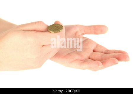 Hands of woman flipping coin isolated on white Stock Photo