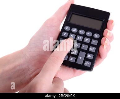 Female hands holding digital calculator isolated on white Stock Photo
