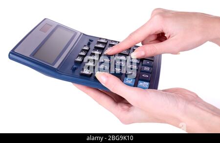 Female hands holding digital calculator isolated on white Stock Photo