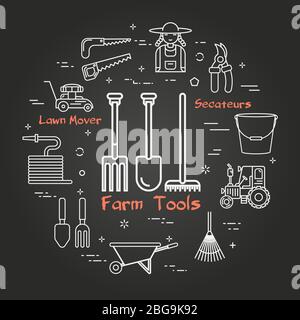 Vector linear black gardening and farming - Farmers Tools Stock Vector
