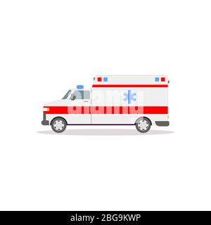 Side view of ambulance car with lights. Flat style vector illustration. Vehicle and transport banner. Modern ambulance american car. First aid van wit Stock Vector