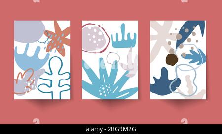 Organic Shapes Posters with Leaves and Hand Drawn Elements on White Background, Doodle Cards for Certificate or Cover, Moder Nature Patterns Stock Vector