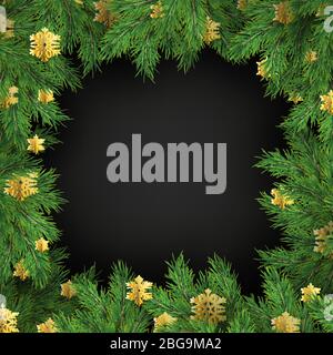 Christmas holiday greeting card frame template of golden snowflakes decorations and fir tree branches. EPS 10 Stock Vector