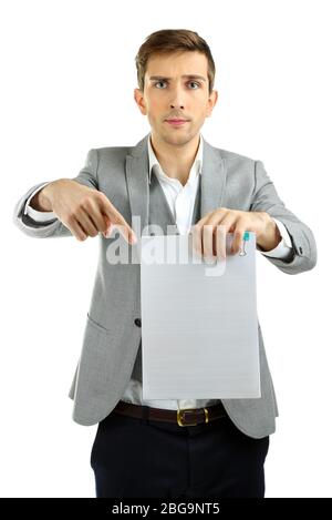 Young teacher review tests isolated on white Stock Photo