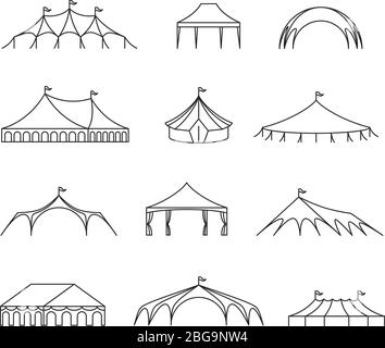 Event and wedding outdoor marquee tents vector line icons. Wedding pavilion and shelter roof, marquee and canopy structure, canvas folding illustration Stock Vector