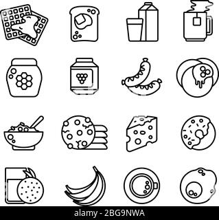 Breakfast hot meal line vector icons. Breakfast food, donut and burger, hot coffee and cheese illustration Stock Vector