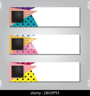 horizontal banner design with dot square and memphis striped background Stock Vector