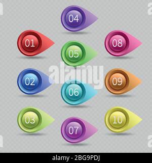 Ten color bullet points with numbers vector collection. Illustration of web bullet point arrow Stock Vector