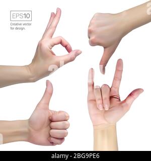 Female hand on a white background shows various sign Stock Vector
