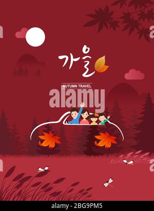 Autumn scenery, family travels by car. Fall, Korean translation. Stock Vector