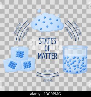 Different states of matter solid, liquid, gas vector diagram isolated on transparent background. Vector illustration Stock Vector
