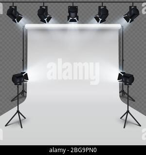 Lighting equipment and professional photography studio white blank isolated on transparent background. Vector illustration Stock Vector
