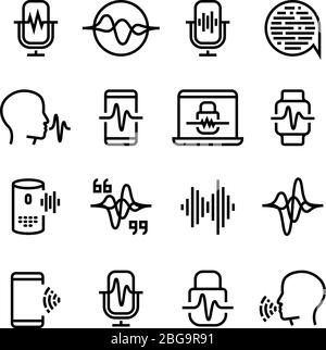 Voice and speech recognition, cellular network vector icons. Mic command and hearing symbols. Illustration of voice recognition, innovation command Stock Vector