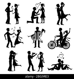 Happy couples in love just married bride and groom vector black silhouettes. Black bride and groom, wife and husband, wedding woman and man illustration Stock Vector