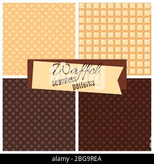 Vector sweet food waffel textured seamless patterns background set illustration Stock Vector