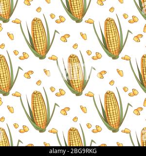 Hand drawn sketch ear of corn seamless pattern. Vector illustration Stock Vector