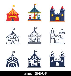 Amusement park color tents circus carnival icons collection. Vector illustration Stock Vector