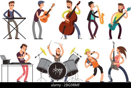 Rock n roll music band vector characters with musical instruments. Musicians playing music. Concert music with guitar and singer illiustration Stock Vector