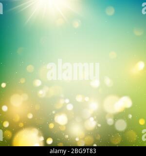 Realistic outdoors bokeh in green and yellow tones with sun rays. EPS 10 Stock Vector