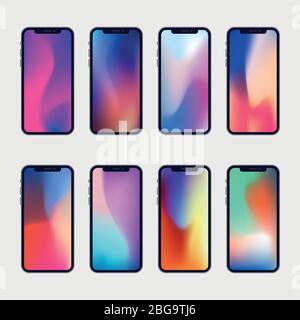 New generation phone with 8 modern wallpapers. Vector mockups collection. Smartphone screensaver wallpaper colored background illustration Stock Vector