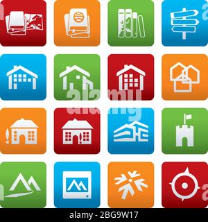 Vector illustration. Sixteen travel icons over plain square buttons. Stock Vector