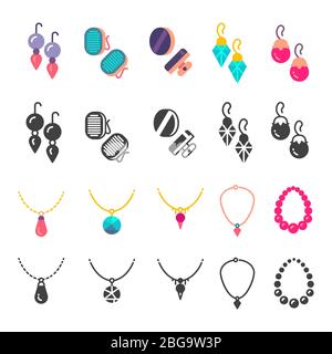 Earrings, eardrops and necklace icons isolated on white. Vector illustration Stock Vector