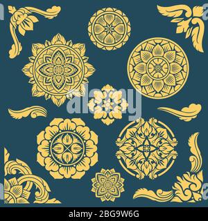 Thai, indian and persian ethnic decorative vector patterns and frames. Illustration of floral decorative frame, ornament round medallion Stock Vector