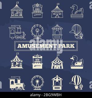 Luna park thin line and silhoette icons set. Linear sign for amusement park. Vector illustration Stock Vector