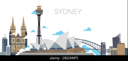 Sydney city vector panorama. Australia travel landmark in flat style. City of sydney, architecture landmark panorama illustration Stock Vector