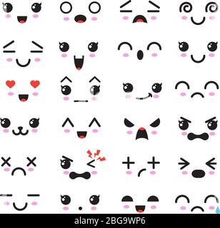 Kawaii cute faces. Manga style eyes and mouths. Funny cartoon japanese emoticon in in different expressions. Expression anime character and emoticon face illustration Stock Vector