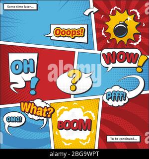 Comic book page vector template with cartoon elements and comic words in bubbles. Cloud cartoon halftone effects illutration Stock Vector