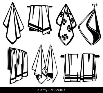 Bath, beach and kitchen soft fabric towels vector black icons. Collection of towel for beach and bath illustration Stock Vector