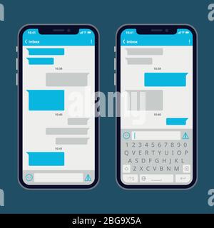 Smart phone with text message bubbles and keyboards vector template. Telephone application for communication and conversation texting illustration Stock Vector