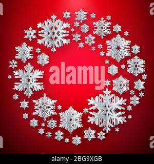 Christmas New Year greeting card with paper textured snowflakes on red background. EPS 10 Stock Vector