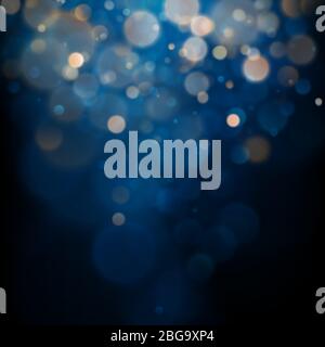 Blurred bokeh light on dark blue background. Christmas and New Year holidays template. Abstract glitter defocused blinking stars and sparks. EPS 10 Stock Vector