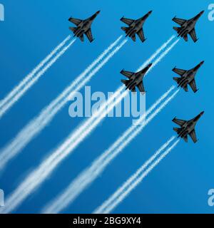 Military fighter jets with condensation trails in sky vector illustration. air, plane, military, show, flight, trail, sky, performance, Airplane army, fighter on airshow Stock Vector
