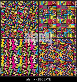 Multicolor tribal african seamless vector patterns set. Hippie clothes backgrounds in 80s style. African background ethnic, hippie traditional motif culture illustration Stock Vector