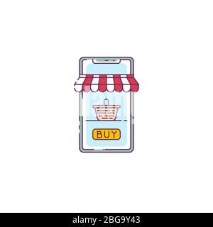 Online store vector. Line style vector. Phone with shop tent and basket with purchases. Shopping on smartphone. Buying things from smartphone online. Stock Vector