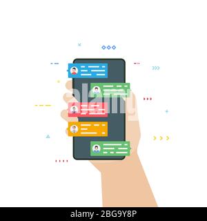Messaging concept. Hand holding smartphone with chatting people. Chat text bubbles on phone screen. Social chat and texting banner with abstract lines Stock Vector
