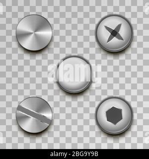 Realistic glossy metal screws and rivets on transparent background Stock Vector