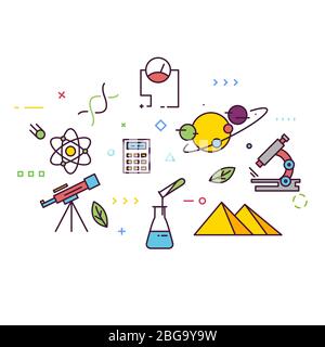 Science symbols and icons. Science banner line style illustration. Microscope, planets with stars, telescope and comet, calculator and pyramids. Histo Stock Vector