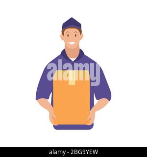 A male courier delivers a parcel in a box. A delivery man in a blue uniform smiles while holding a box. Colorful illustration on a white background, i Stock Vector
