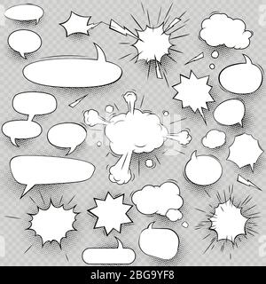 Set of collection comic style speech bubbles and elements with halftone shadows. Cloud oval rectangle and jagged shape contours icons. EPS 10 Stock Vector
