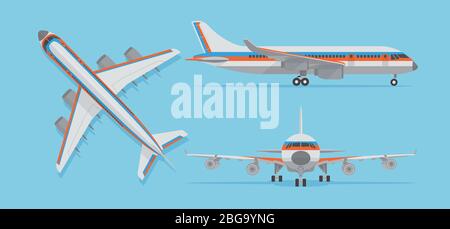 Modern passenger airplane, airliner in top, side, front view. Vector aircraft in flat style. Aircraft flight, airplane transport top view illustration Stock Vector