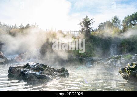 Hot water from Otumuheke Stream running into Waikato River at Spa Thermal Park, Taupo, North Island, New Zealand Stock Photo