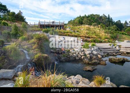 Hot water from Otumuheke Stream running into Waikato River at Spa Thermal Park, Taupo, North Island, New Zealand Stock Photo