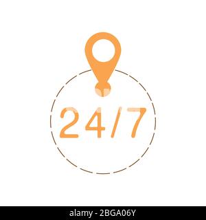 Sign 24 on 7, round-the-clock delivery. The work of the courier service. Colorful illustration on a white background, isolate Stock Vector